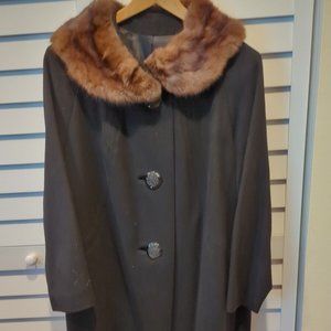 Union label 1960's black wool dress coat with brown fur trimmed collar